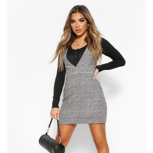 Boohoo Petite Tweed V-Neck Pinafore Dress